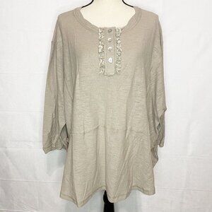 NWT Weekend Suzanne Betro 3/4 Sleeve Lace Trim Scoopneck Henley Size 1X Khaki